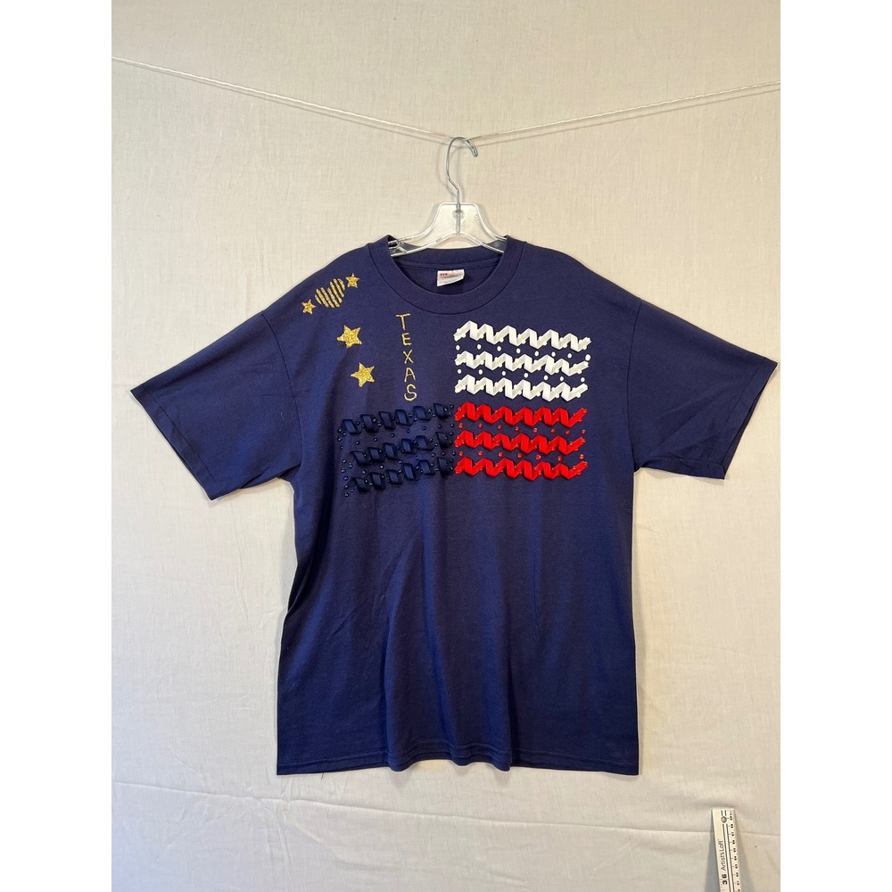 Hanes Heavyweight Texas Flag Embellished T-Shirt Navy Blue Gold Glitter Large